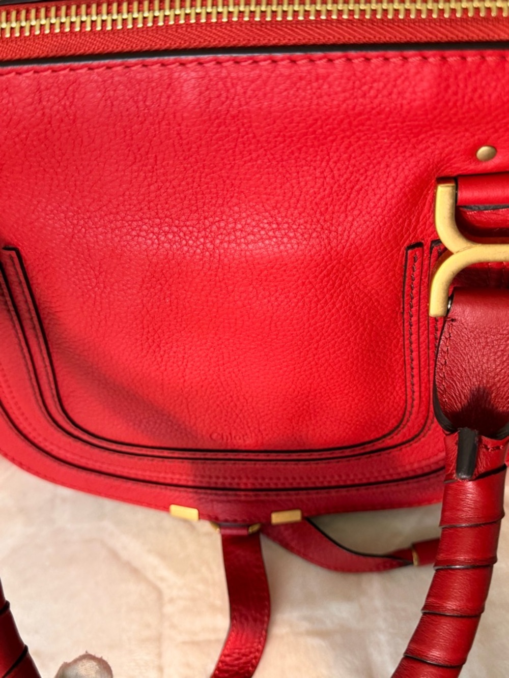 Chloe Red Pebbled Leather Medium Marcie Satchel with Gold Hardware - Picture 6 of 16